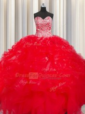 Visible Boning Beaded Bodice Beading and Ruffles Quinceanera Gown Red Lace Up Sleeveless Floor Length