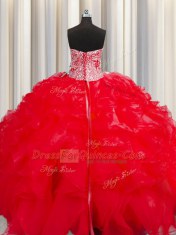 Visible Boning Beaded Bodice Beading and Ruffles Quinceanera Gown Red Lace Up Sleeveless Floor Length