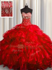 Red Organza Lace Up Sweet 16 Dresses Sleeveless With Brush Train Beading and Ruffles
