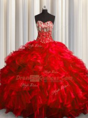 Red Organza Lace Up Sweet 16 Dresses Sleeveless With Brush Train Beading and Ruffles