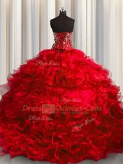 Red Organza Lace Up Sweet 16 Dresses Sleeveless With Brush Train Beading and Ruffles
