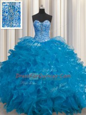Spectacular See Through Sweetheart Sleeveless Lace Up Quinceanera Dress Teal Organza