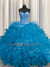 Spectacular See Through Sweetheart Sleeveless Lace Up Quinceanera Dress Teal Organza