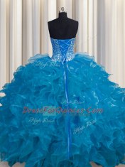Spectacular See Through Sweetheart Sleeveless Lace Up Quinceanera Dress Teal Organza