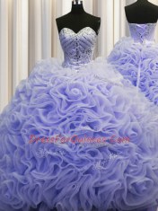 Noble Lavender Fabric With Rolling Flowers Lace Up 15th Birthday Dress Sleeveless Brush Train Beading and Pick Ups