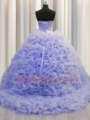 Noble Lavender Fabric With Rolling Flowers Lace Up 15th Birthday Dress Sleeveless Brush Train Beading and Pick Ups