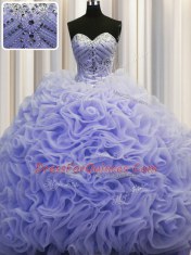 Noble Lavender Fabric With Rolling Flowers Lace Up 15th Birthday Dress Sleeveless Brush Train Beading and Pick Ups