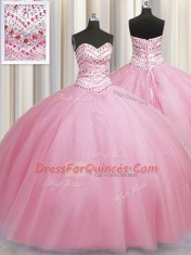 Adorable Bling-bling Big Puffy Sleeveless Tulle Floor Length Lace Up Quinceanera Gown in Rose Pink with Beading