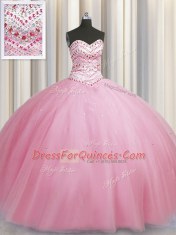 Adorable Bling-bling Big Puffy Sleeveless Tulle Floor Length Lace Up Quinceanera Gown in Rose Pink with Beading