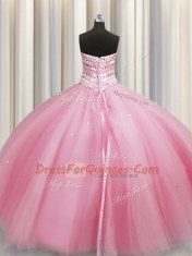 Adorable Bling-bling Big Puffy Sleeveless Tulle Floor Length Lace Up Quinceanera Gown in Rose Pink with Beading