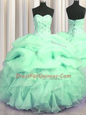 Discount Visible Boning Apple Green Ball Gowns Sweetheart Sleeveless Organza Floor Length Lace Up Beading and Ruffles Quinceanera Gown