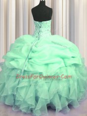 Discount Visible Boning Apple Green Ball Gowns Sweetheart Sleeveless Organza Floor Length Lace Up Beading and Ruffles Quinceanera Gown