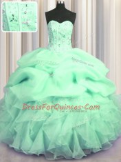 Discount Visible Boning Apple Green Ball Gowns Sweetheart Sleeveless Organza Floor Length Lace Up Beading and Ruffles Quinceanera Gown