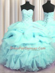 Hot Selling Visible Boning Beading and Ruffles and Pick Ups Quinceanera Dress Aqua Blue Lace Up Sleeveless Floor Length