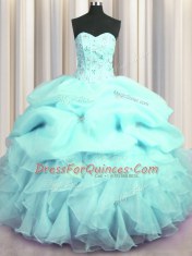 Hot Selling Visible Boning Beading and Ruffles and Pick Ups Quinceanera Dress Aqua Blue Lace Up Sleeveless Floor Length