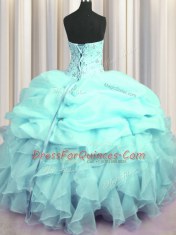 Hot Selling Visible Boning Beading and Ruffles and Pick Ups Quinceanera Dress Aqua Blue Lace Up Sleeveless Floor Length