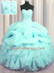 Hot Selling Visible Boning Beading and Ruffles and Pick Ups Quinceanera Dress Aqua Blue Lace Up Sleeveless Floor Length