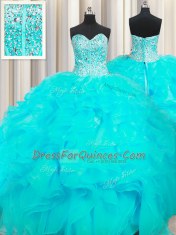Exceptional Visible Boning Beaded Bodice Sleeveless Floor Length Beading and Ruffles Lace Up Sweet 16 Dress with Aqua Blue