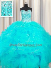 Exceptional Visible Boning Beaded Bodice Sleeveless Floor Length Beading and Ruffles Lace Up Sweet 16 Dress with Aqua Blue