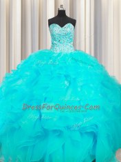 Exceptional Visible Boning Beaded Bodice Sleeveless Floor Length Beading and Ruffles Lace Up Sweet 16 Dress with Aqua Blue