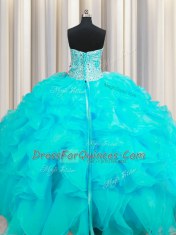 Exceptional Visible Boning Beaded Bodice Sleeveless Floor Length Beading and Ruffles Lace Up Sweet 16 Dress with Aqua Blue