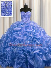 Pick Ups Court Train Ball Gowns Quinceanera Gowns Blue Sweetheart Organza Sleeveless With Train Lace Up