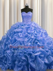 Pick Ups Court Train Ball Gowns Quinceanera Gowns Blue Sweetheart Organza Sleeveless With Train Lace Up