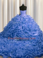 Pick Ups Court Train Ball Gowns Quinceanera Gowns Blue Sweetheart Organza Sleeveless With Train Lace Up
