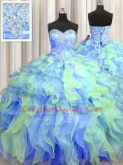 Chic Multi-color Organza Lace Up Sweetheart Sleeveless Floor Length Sweet 16 Dress Beading and Appliques and Ruffles