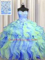 Chic Multi-color Organza Lace Up Sweetheart Sleeveless Floor Length Sweet 16 Dress Beading and Appliques and Ruffles