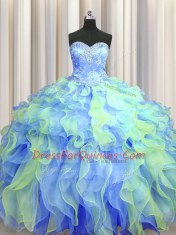 Chic Multi-color Organza Lace Up Sweetheart Sleeveless Floor Length Sweet 16 Dress Beading and Appliques and Ruffles