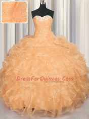 Fantastic Sleeveless Organza Floor Length Lace Up Sweet 16 Dresses in Orange with Beading and Ruffles