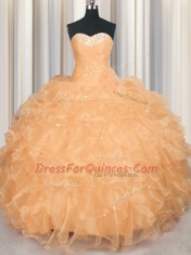 Fantastic Sleeveless Organza Floor Length Lace Up Sweet 16 Dresses in Orange with Beading and Ruffles