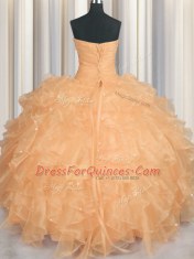 Fantastic Sleeveless Organza Floor Length Lace Up Sweet 16 Dresses in Orange with Beading and Ruffles