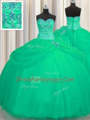 Big Puffy Turquoise Tulle Lace Up Sweetheart Sleeveless Floor Length Quinceanera Gown Beading