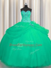 Big Puffy Turquoise Tulle Lace Up Sweetheart Sleeveless Floor Length Quinceanera Gown Beading