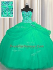 Big Puffy Turquoise Tulle Lace Up Sweetheart Sleeveless Floor Length Quinceanera Gown Beading