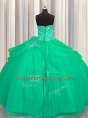 Big Puffy Turquoise Tulle Lace Up Sweetheart Sleeveless Floor Length Quinceanera Gown Beading