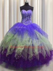 Sweet Visible Boning Floor Length Multi-color 15 Quinceanera Dress Tulle Sleeveless Beading and Ruffles and Sequins