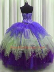 Sweet Visible Boning Floor Length Multi-color 15 Quinceanera Dress Tulle Sleeveless Beading and Ruffles and Sequins