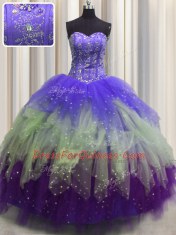 Sweet Visible Boning Floor Length Multi-color 15 Quinceanera Dress Tulle Sleeveless Beading and Ruffles and Sequins