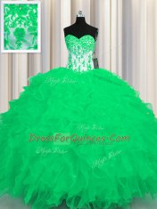Deluxe Turquoise Lace Up Quince Ball Gowns Appliques and Ruffles Sleeveless Floor Length