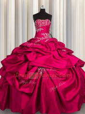 Free and Easy Hot Pink Strapless Lace Up Appliques and Pick Ups Quinceanera Gowns Sleeveless