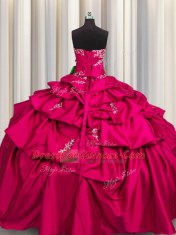 Free and Easy Hot Pink Strapless Lace Up Appliques and Pick Ups Quinceanera Gowns Sleeveless