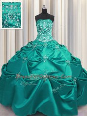 Excellent Dark Green Taffeta Lace Up Strapless Sleeveless Floor Length Ball Gown Prom Dress Beading and Appliques and Embroidery