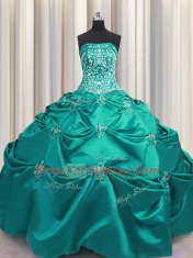 Excellent Dark Green Taffeta Lace Up Strapless Sleeveless Floor Length Ball Gown Prom Dress Beading and Appliques and Embroidery
