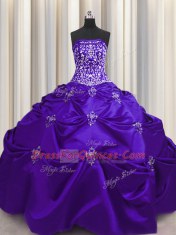 Dramatic Purple Ball Gowns Beading and Appliques and Embroidery Sweet 16 Quinceanera Dress Lace Up Taffeta Sleeveless Floor Length