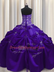 Dramatic Purple Ball Gowns Beading and Appliques and Embroidery Sweet 16 Quinceanera Dress Lace Up Taffeta Sleeveless Floor Length