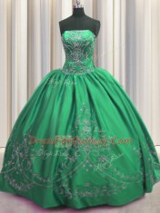 Floor Length Lace Up Sweet 16 Dress Green for Military Ball and Sweet 16 and Quinceanera with Beading and Embroidery
