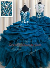 Zipple Up Sequins See Through Back Floor Length Ball Gowns Sleeveless Teal Vestidos de Quinceanera Zipper